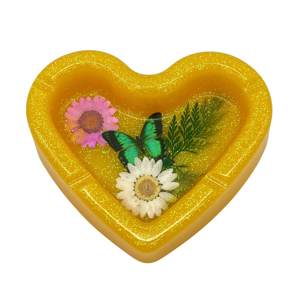 I Heart Flowers Butterflies Resin Glitter Heart Shaped Ashtray Home Decor