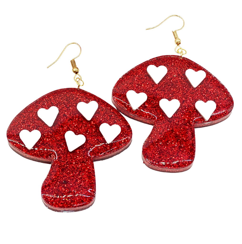 Mushroom Heart Glitter Rose Red  Resin Earrings  Edit alt text