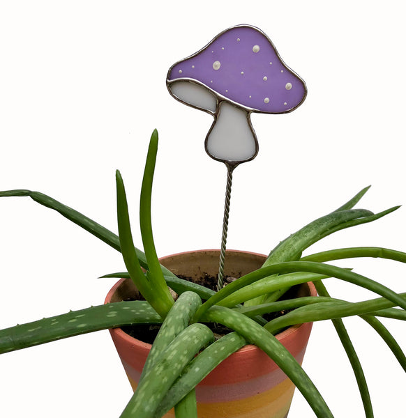 lavender stained glass plant stake, lavender mushroom plant stake, lavender shroom potted plant stake, lavender mushroom pot plant stake, mushroom plant buddy, stained glass mushroom