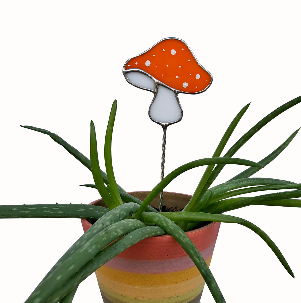 orange stained glass plant stake, orange mushroom plant stake, orange shroom potted plant stake, orange mushroom pot plant stake, mushroom plant buddy, stained glass mushroom